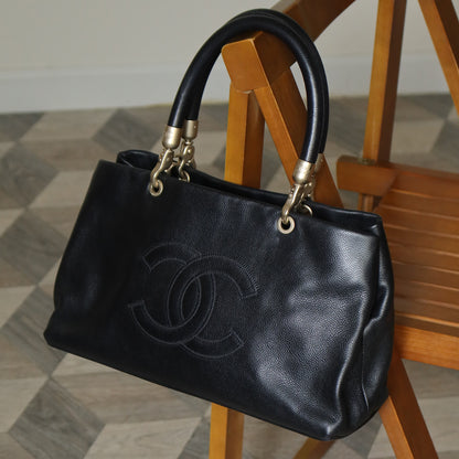 Rare Chanel Vintage Black Caviar Stitched Coco mark East West Shoulder Bag