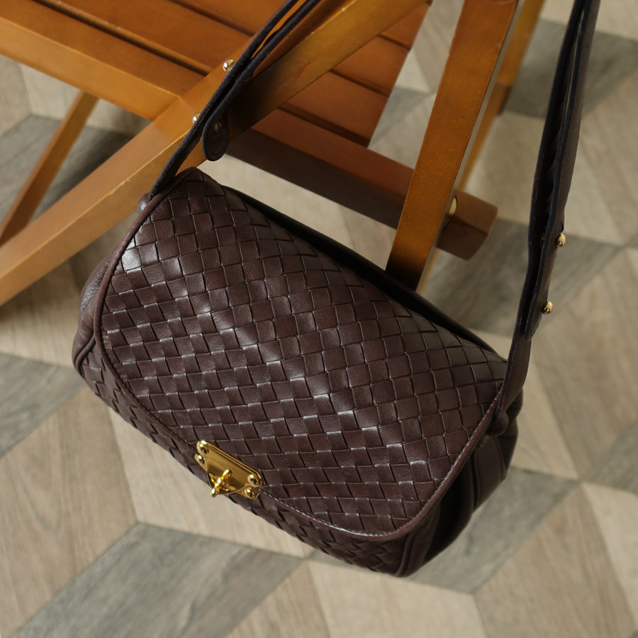Bottega Veneta Vintage Dark Brown Intrecciato Turn lock 2way Crossbody Shoulder Bag