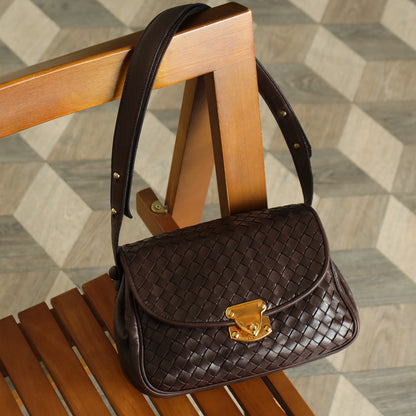 Bottega Veneta Vintage Dark Brown Intrecciato Turn lock 2way Crossbody Shoulder Bag