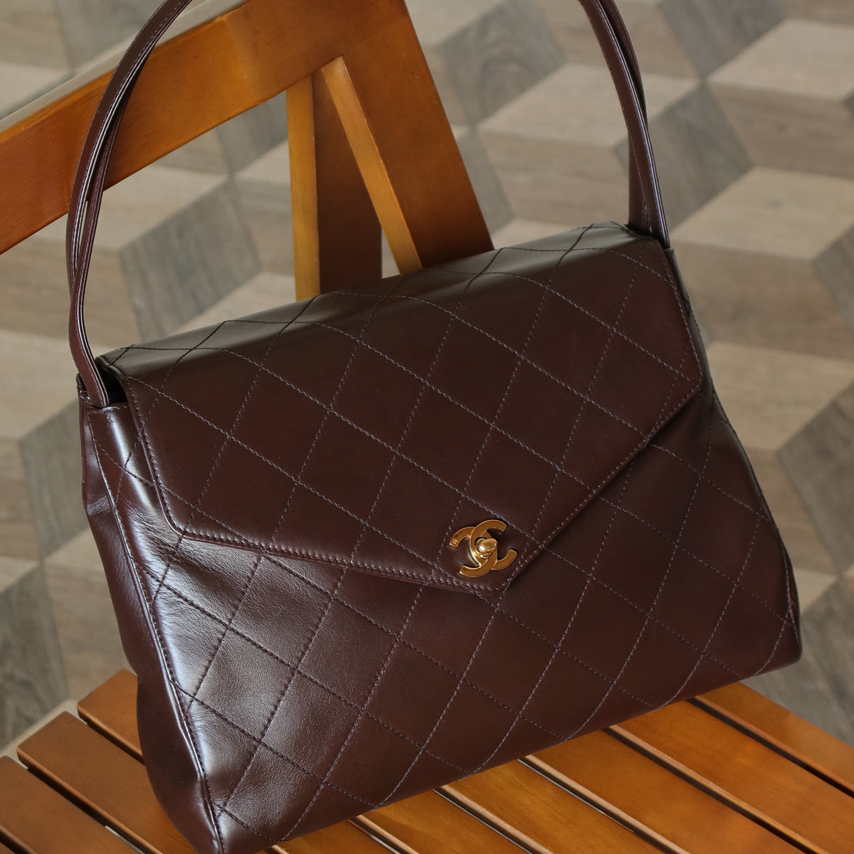 Vintage Chanel Dark Brown Matelassé Quilted CC turn lock Envelope Flap Bag