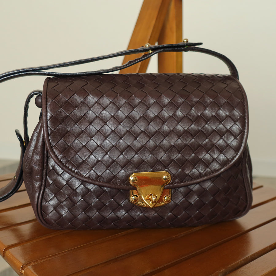 Bottega Veneta Vintage Dark Brown Intrecciato Turn lock 2way Crossbody Shoulder Bag