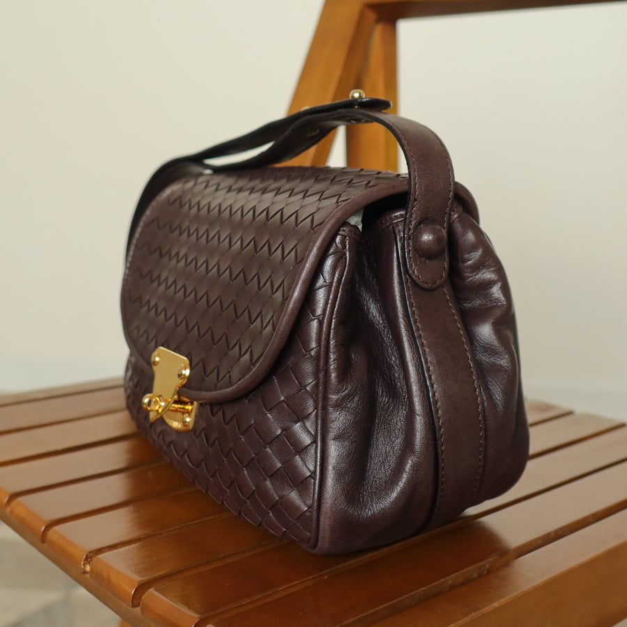 Bottega Veneta Vintage Dark Brown Intrecciato Turn lock 2way Crossbody Shoulder Bag
