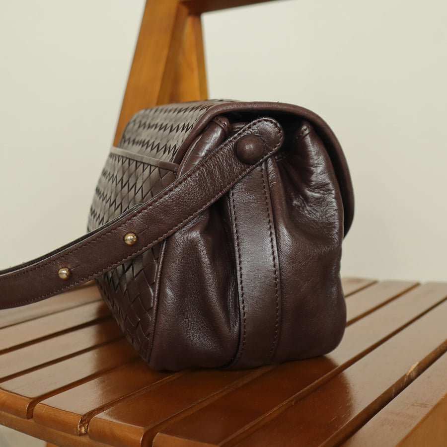Bottega Veneta Vintage Dark Brown Intrecciato Turn lock 2way Crossbody Shoulder Bag