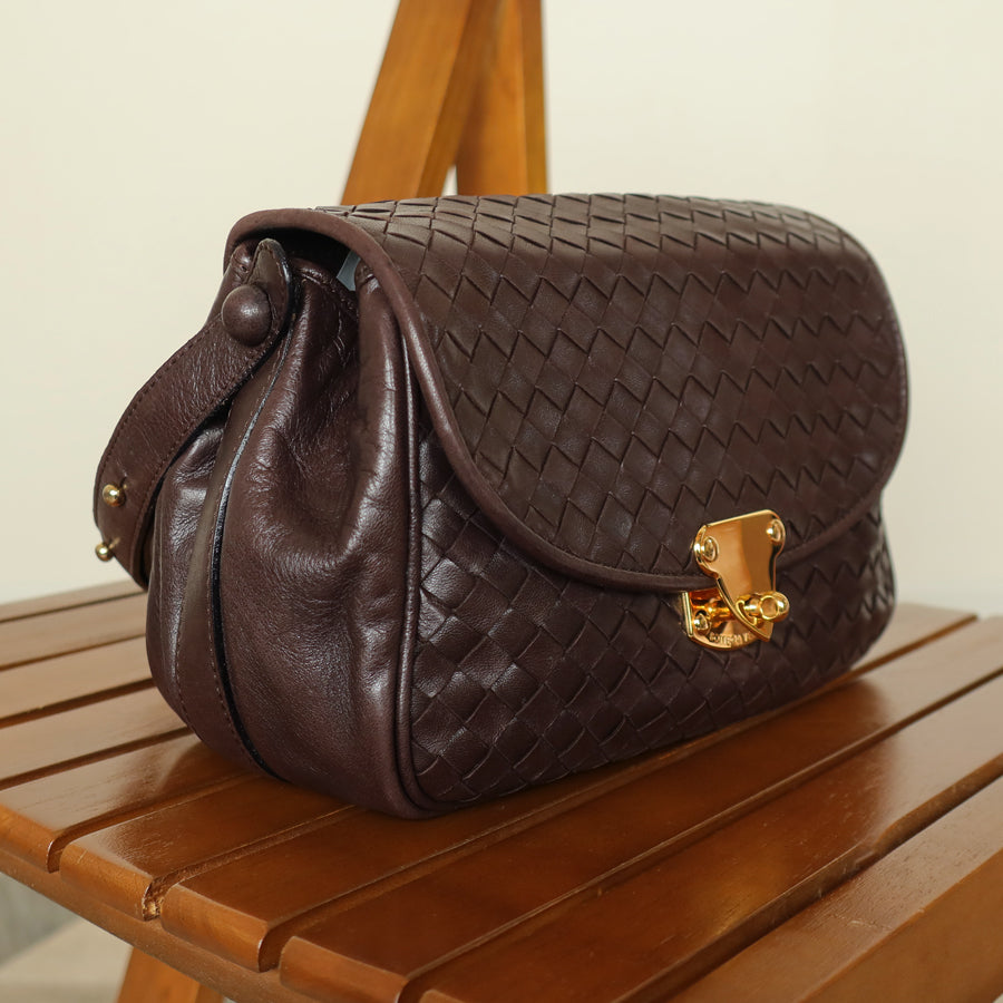 Bottega Veneta Vintage Dark Brown Intrecciato Turn lock 2way Crossbody Shoulder Bag