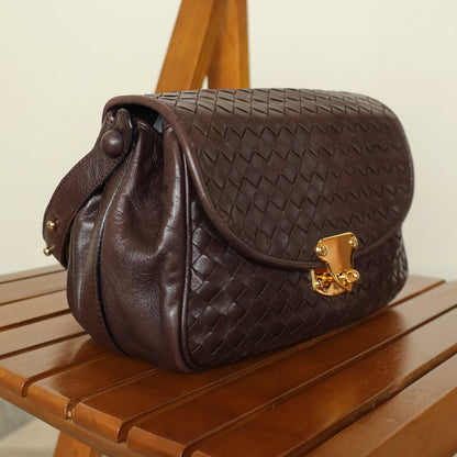 Bottega Veneta Vintage Dark Brown Intrecciato Turn lock 2way Crossbody Shoulder Bag