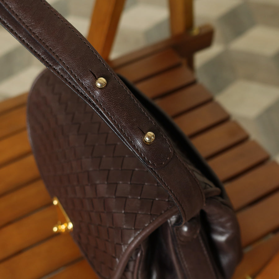 Bottega Veneta Vintage Dark Brown Intrecciato Turn lock 2way Crossbody Shoulder Bag