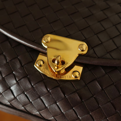 Bottega Veneta Vintage Dark Brown Intrecciato Turn lock 2way Crossbody Shoulder Bag