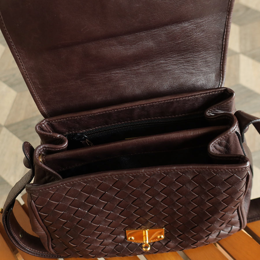Bottega Veneta Vintage Dark Brown Intrecciato Turn lock 2way Crossbody Shoulder Bag