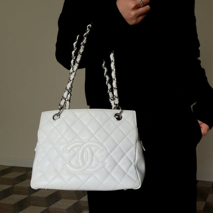 Chanel Vintage White Caviar Leather Matelasse CC mark Shoulder Bag