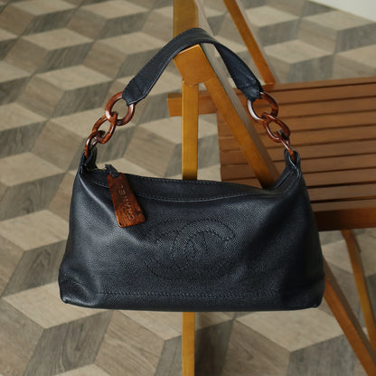 Chanel Vintage Black Caviar Leather CC mark Wood chain-link Charm Shoulder Bag