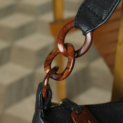 Chanel Vintage Black Caviar Leather CC mark Wood chain-link Charm Shoulder Bag