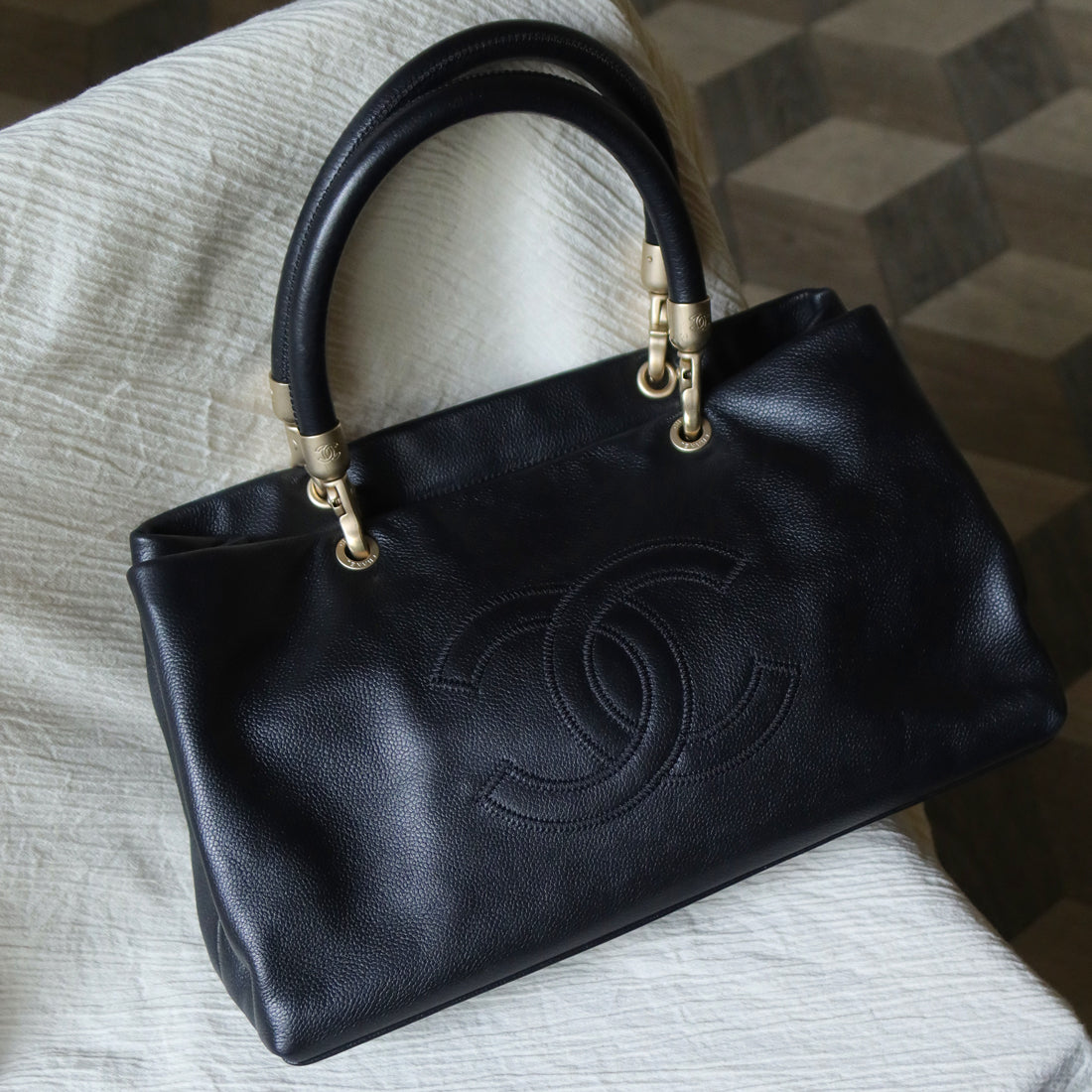 Chanel Vintage Black Stitched Coco mark East West Shoulder Tote