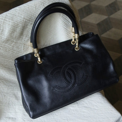 Rare Chanel Vintage Black Caviar Stitched Coco mark East West Shoulder Bag