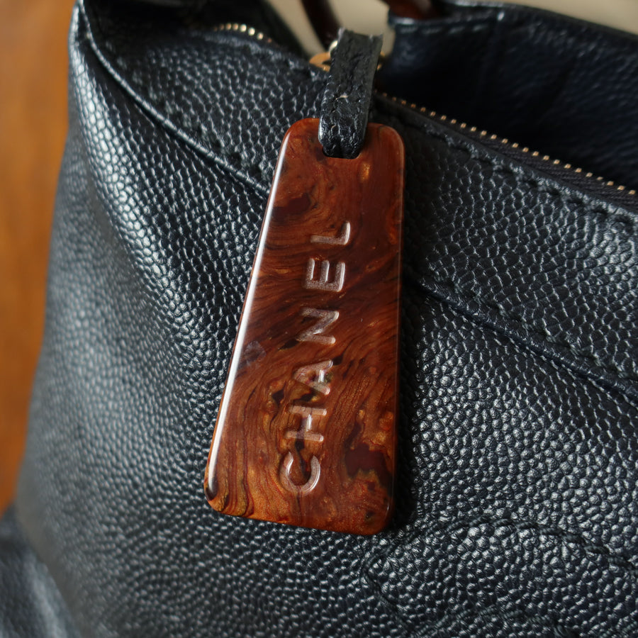 Chanel Vintage Black Caviar Leather CC mark Wood chain-link Charm Shoulder Bag