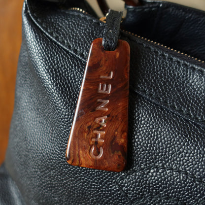 Chanel Vintage Black Caviar Leather CC mark Wood chain-link Charm Shoulder Bag