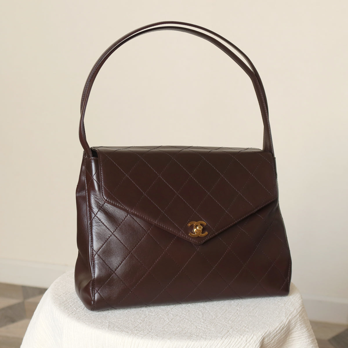 Vintage Chanel Dark Brown Matelassé Quilted CC turn lock Envelope Flap Bag