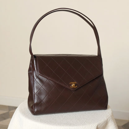 Vintage Chanel Dark Brown Matelassé Quilted CC turn lock Envelope Flap Bag