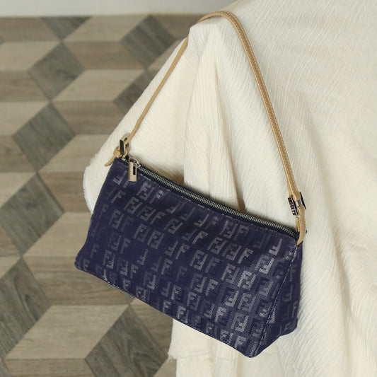 Fendi Vintage Demin Blue Canvas Zucchino Jacquard Pochette Shoulder Bag