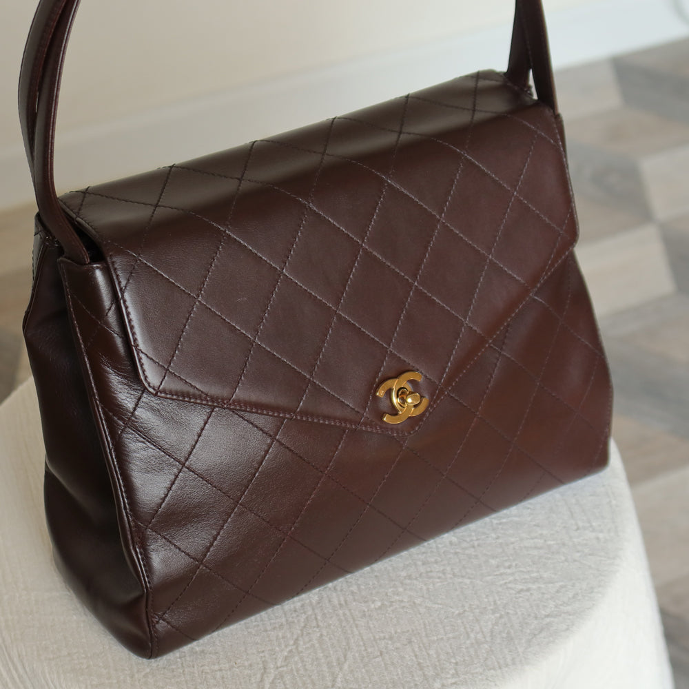 Vintage Chanel Dark Brown Matelassé Quilted CC turn lock Envelope Flap Bag