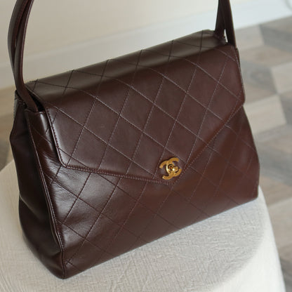 Vintage Chanel Dark Brown Matelassé Quilted CC turn lock Envelope Flap Bag