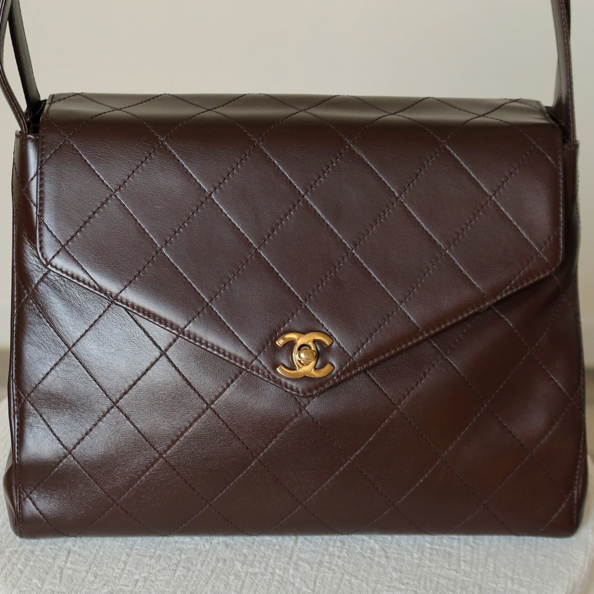 Vintage Chanel Dark Brown Matelassé Quilted CC turn lock Envelope Flap Bag