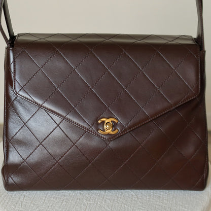 Vintage Chanel Dark Brown Matelassé Quilted CC turn lock Envelope Flap Bag