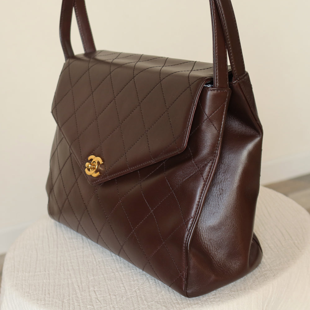 Vintage Chanel Dark Brown Matelassé Quilted CC turn lock Envelope Flap Bag