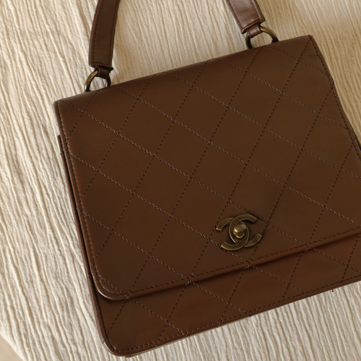 Rare Chanel Vintage Brown Matelasse CC Turn lock Bag