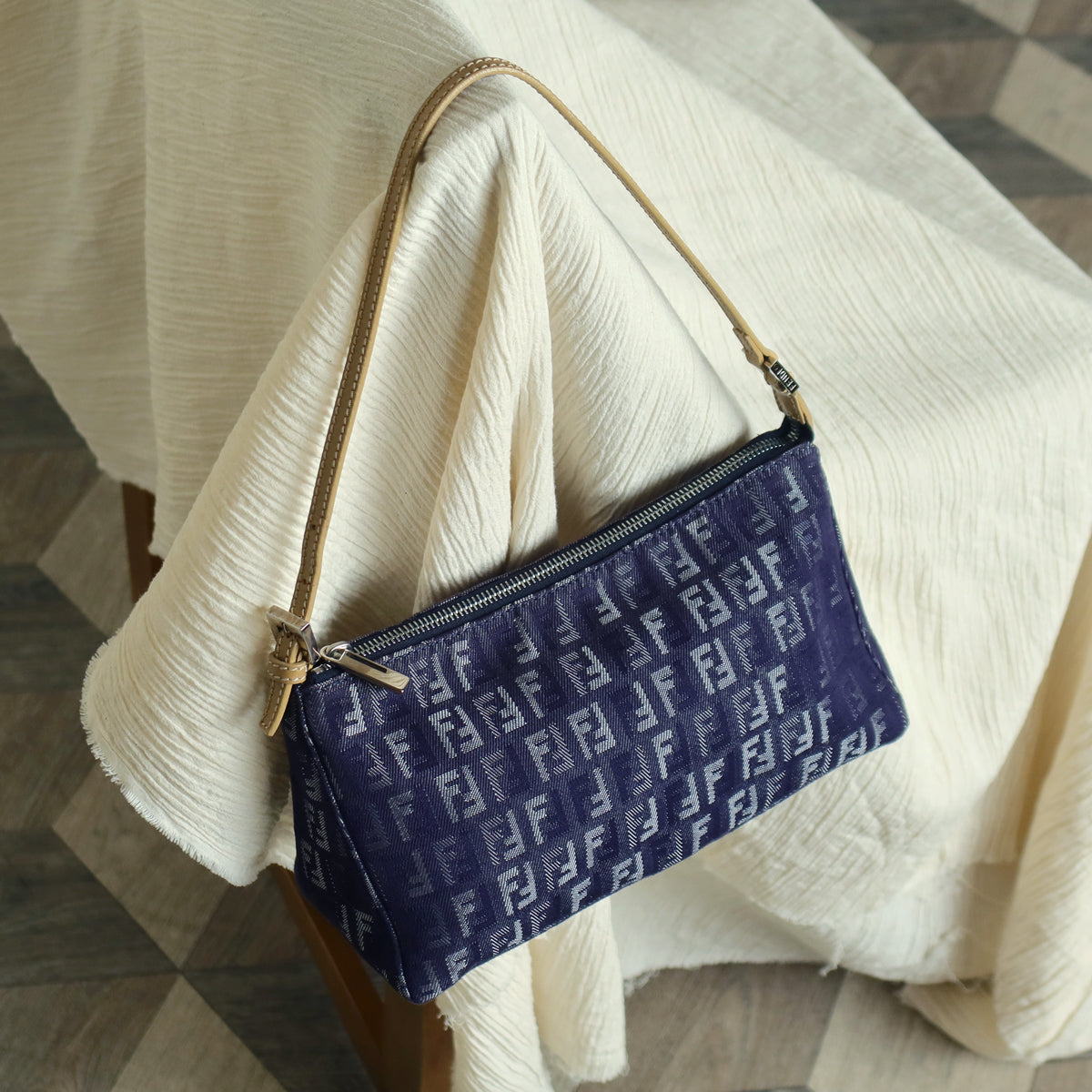 Fendi Vintage Demin Blue Canvas Zucchino Jacquard Pochette Shoulder Bag