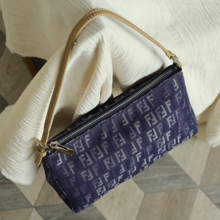 Fendi Vintage Demin Blue Canvas Zucchino Jacquard Pochette Shoulder Bag