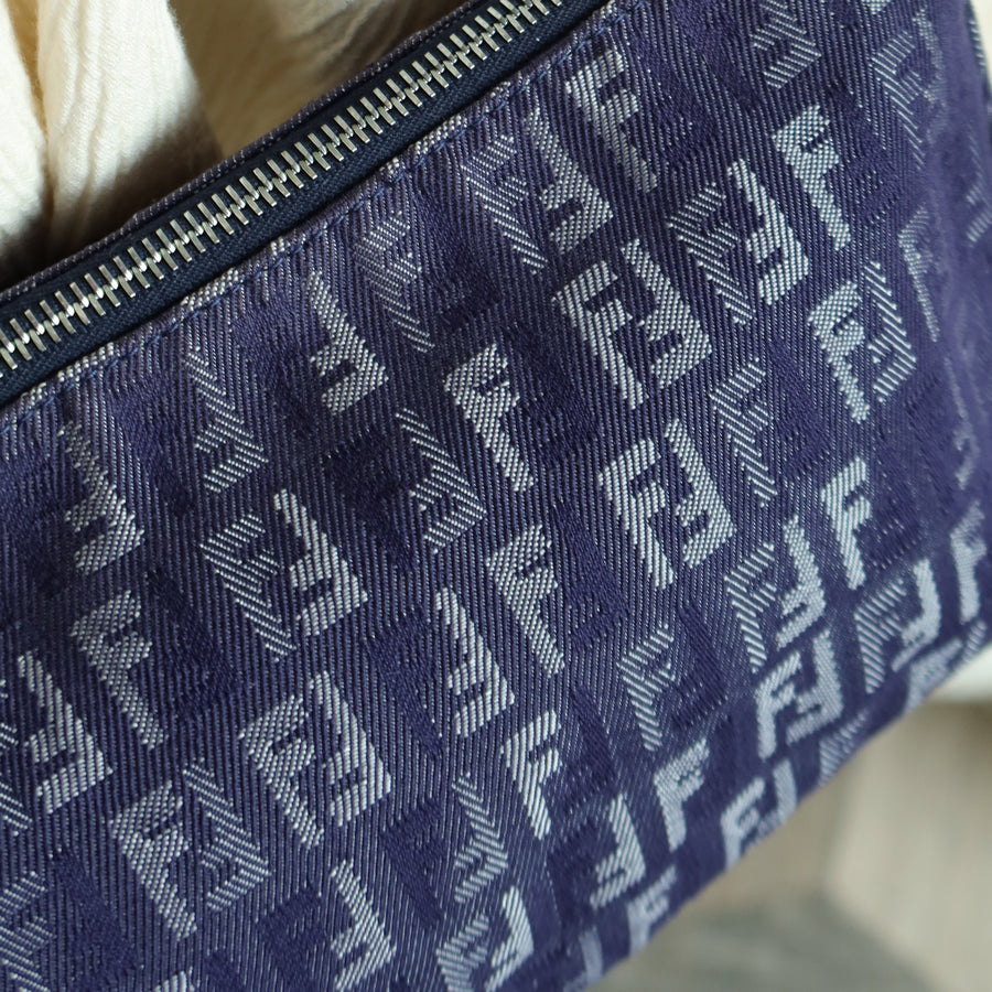 Fendi Vintage Demin Blue Canvas Zucchino Jacquard Pochette Shoulder Bag
