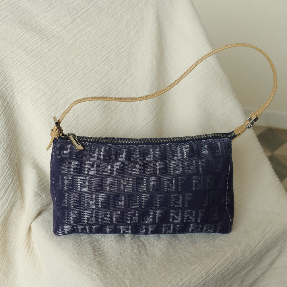 Fendi Vintage Demin Blue Canvas Zucchino Jacquard Pochette Shoulder Bag