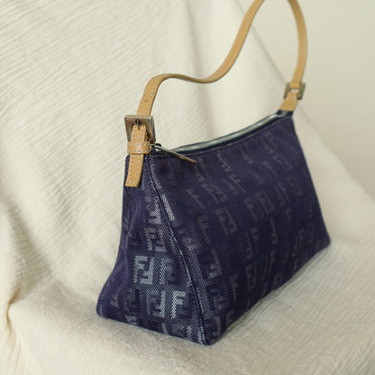 Fendi Vintage Demin Blue Canvas Zucchino Jacquard Pochette Shoulder Bag