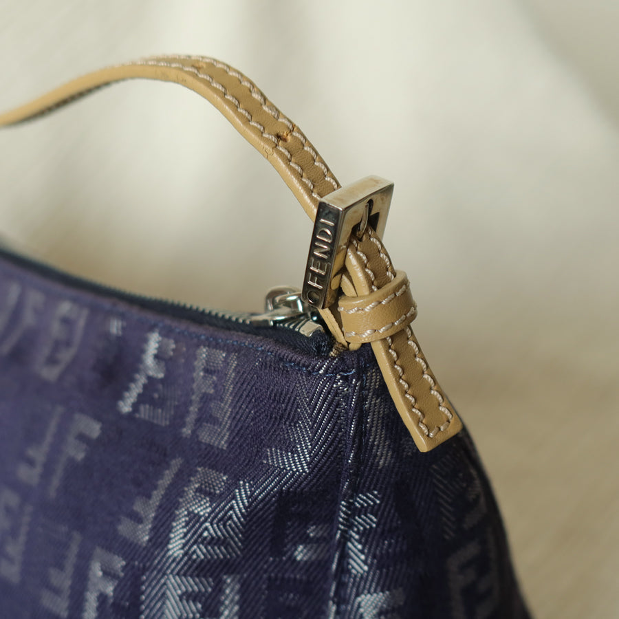 Fendi Vintage Demin Blue Canvas Zucchino Jacquard Pochette Shoulder Bag