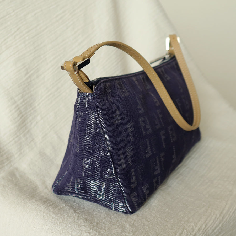 Fendi Vintage Demin Blue Canvas Zucchino Jacquard Pochette Shoulder Bag