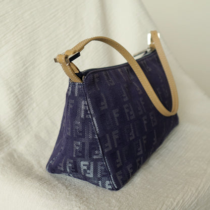 Fendi Vintage Demin Blue Canvas Zucchino Jacquard Pochette Shoulder Bag