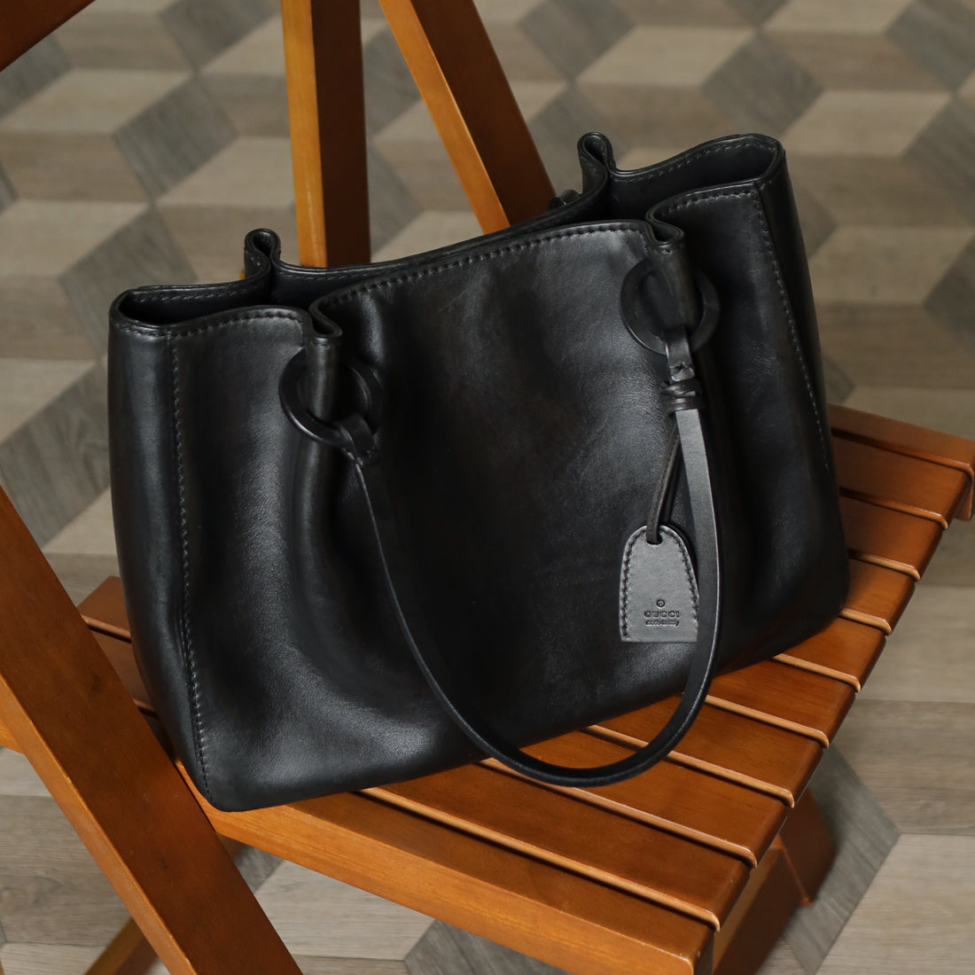 Gucci Vintage Black Leather Daily Tote Shoulder Bag with Gucci Charm