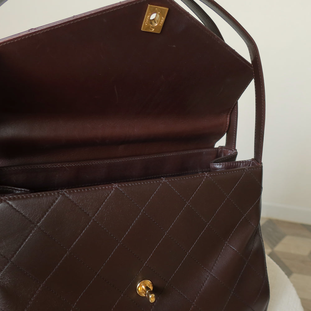 Vintage Chanel Dark Brown Matelassé Quilted CC turn lock Envelope Flap Bag