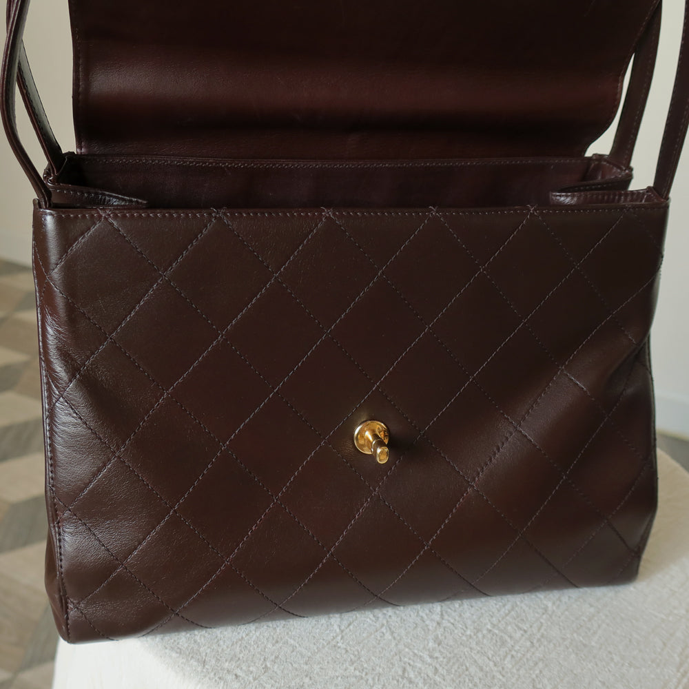 Vintage Chanel Dark Brown Matelassé Quilted CC turn lock Envelope Flap Bag
