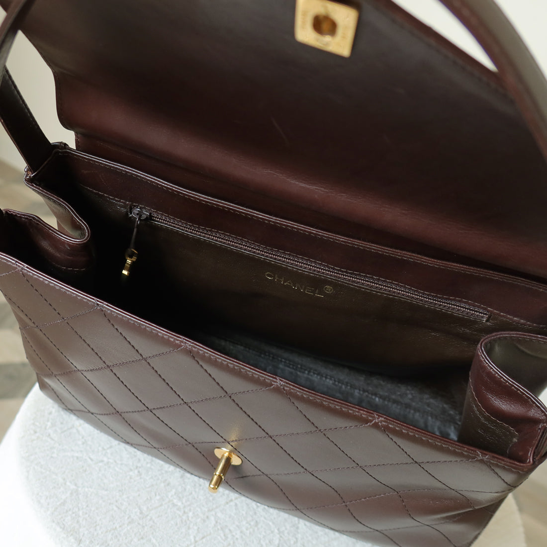 Vintage Chanel Dark Brown Matelassé Quilted CC turn lock Envelope Flap Bag