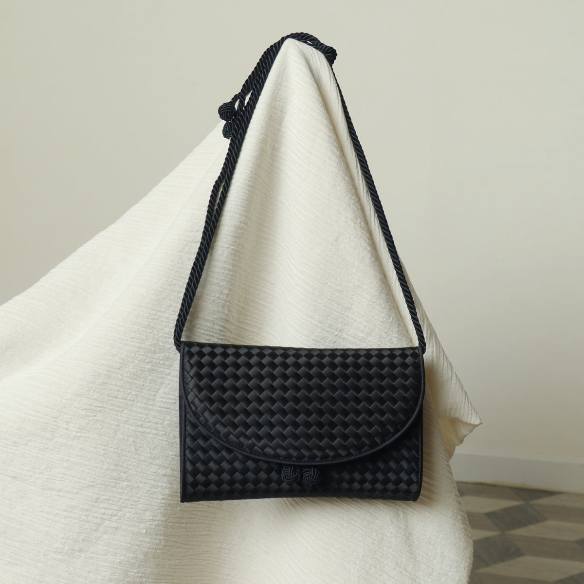 Bottega Veneta Vintage Black Satin Intrecciato Kno Rope Strap 2 way Shoulder Bag