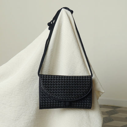 Bottega Veneta Vintage Black Satin Intrecciato Kno Rope Strap 2 way Shoulder Bag