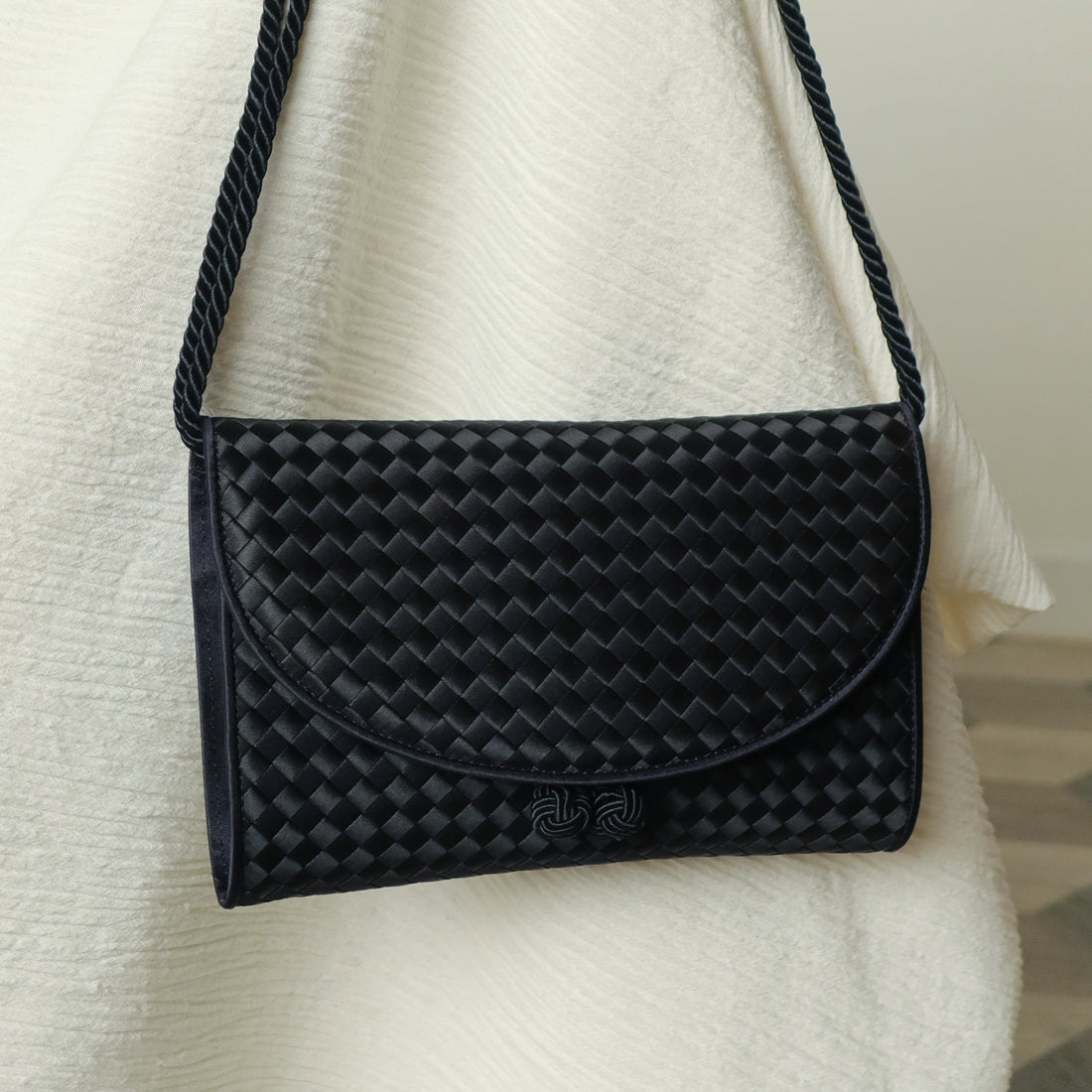 Bottega Veneta Vintage Black Satin Intrecciato Kno Rope Strap 2 way Shoulder Bag