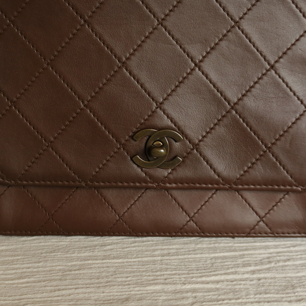 Rare Chanel Vintage Brown Matelasse CC Turn lock Top Handle Bag