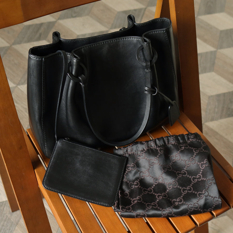 Gucci Vintage Black Leather Daily Tote Shoulder Bag with Gucci Charm