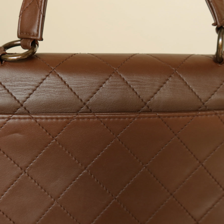 Rare Chanel Vintage Brown Matelasse CC Turn lock Top Handle Bag