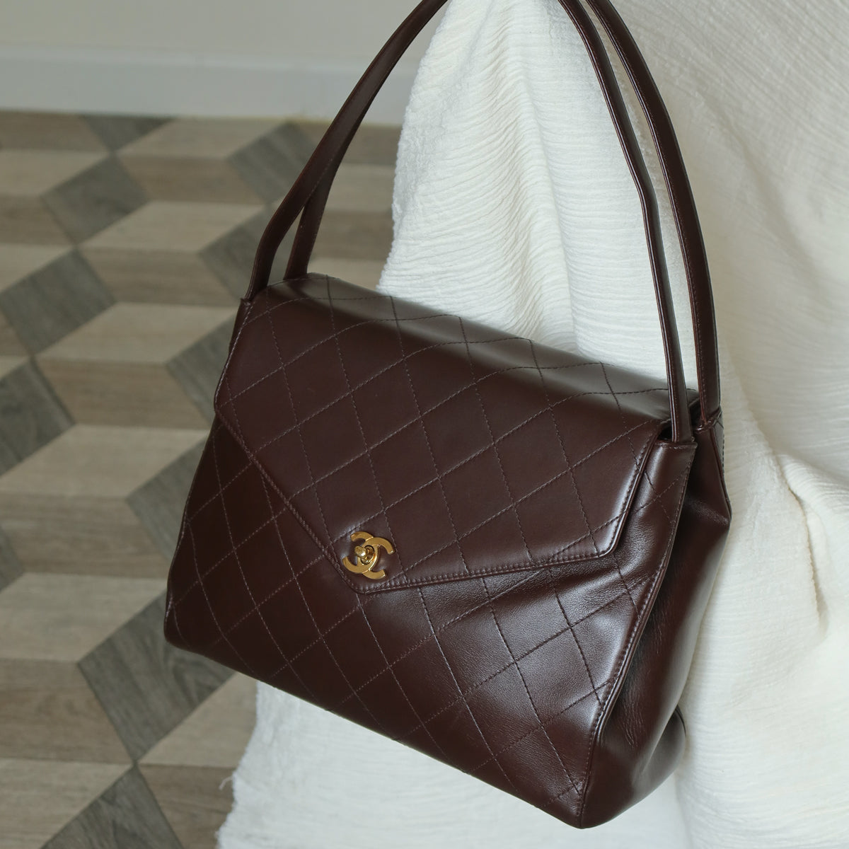 Vintage Chanel Dark Brown Matelassé Quilted CC turn lock Envelope Flap Bag