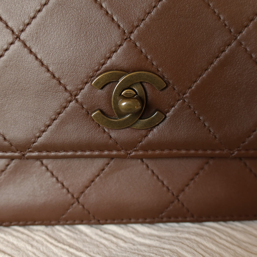Rare Chanel Vintage Brown Matelasse CC Turn lock Top Handle Bag