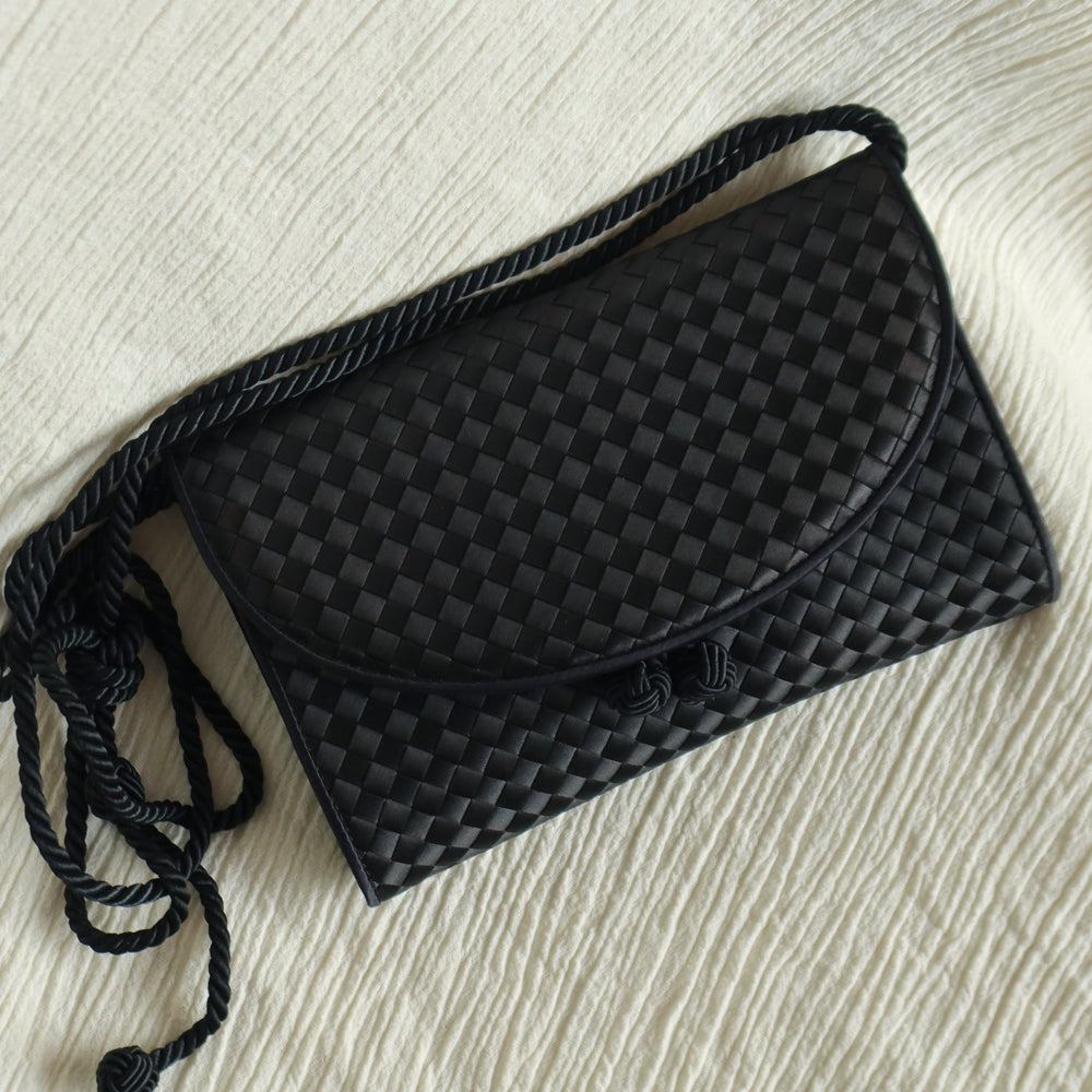 Bottega Veneta Vintage Black Satin Intrecciato Kno Rope Strap 2 way Shoulder Bag