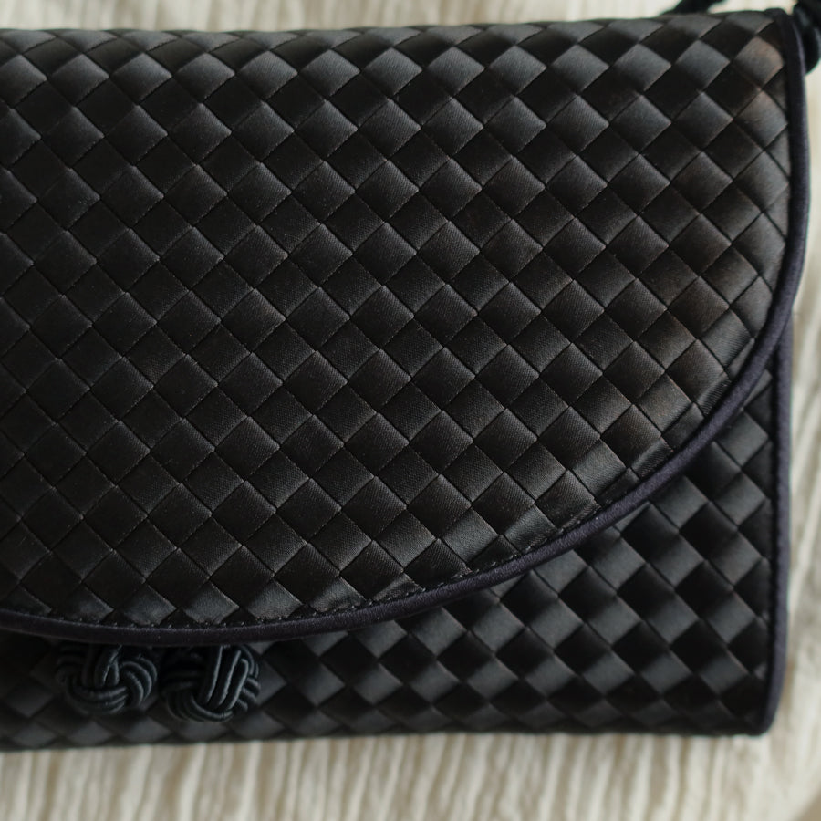 Bottega Veneta Vintage Black Satin Intrecciato Kno Rope Strap 2 way Shoulder Bag